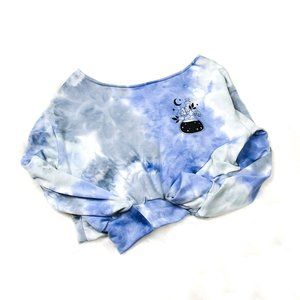 Medium Tie Dye Crop Sweater, Blue, Witchy Graphic Tee, Wide Boatneck